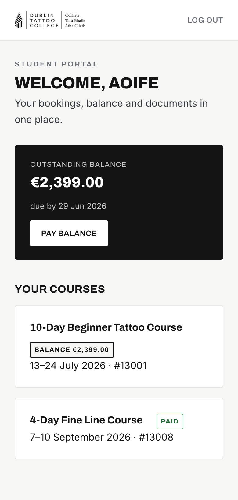The Dublin Tattoo College student portal open on a phone, showing a course balance and upcoming dates